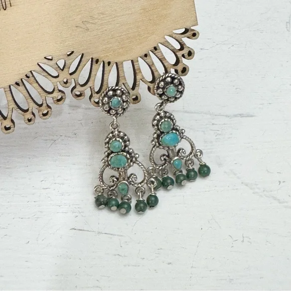 Vintage Elegant Sterling Silver and Turquoise Pirced Dangle Earrings - Picture 2 of 8
